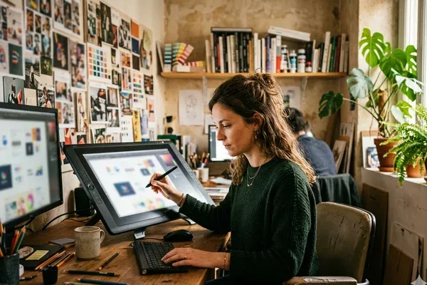 Graphiste indépendante travaillant sur une tablette graphique